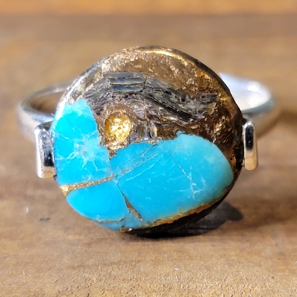 Native Jewelry - Native Kingman Turquoise Gemstone Ring Size 8 Sterling Silver Boho Jewelry